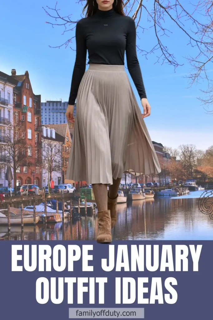 Stylish winter outfit idea for Europe in January; pleated skirt, turtleneck, and boots in urban setting.