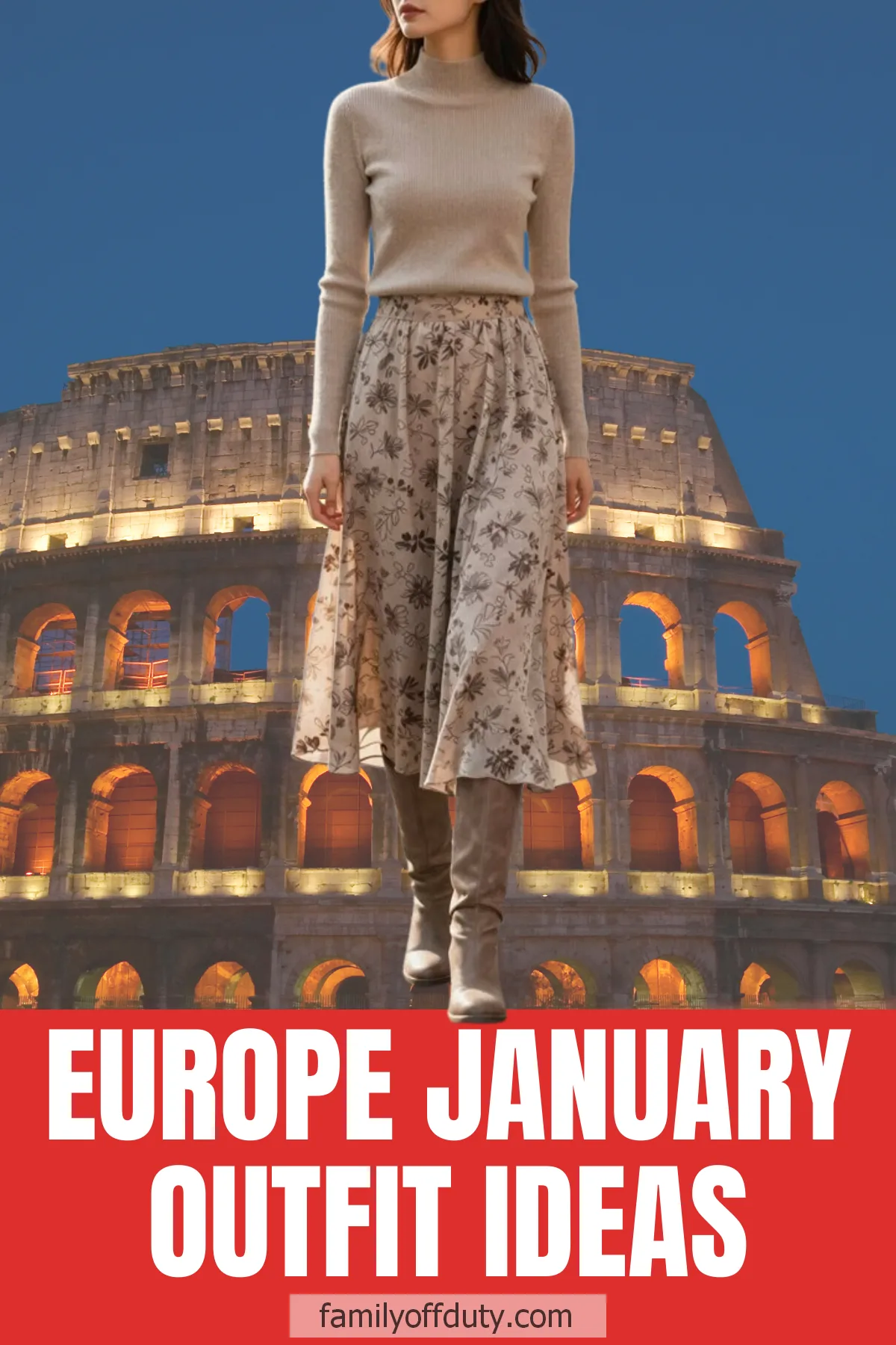 Woman in stylish winter outfit at Colosseum, promoting European January fashion ideas.