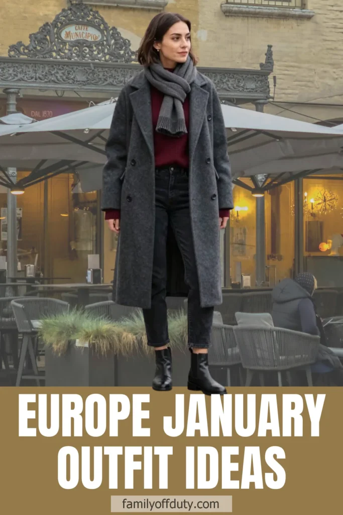 Stylish woman in winter coat, scarf, and boots, showcasing Europe January outfit ideas.