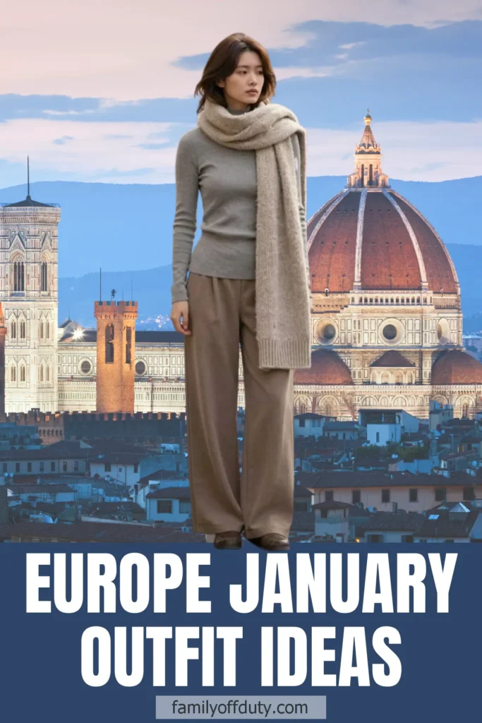 Woman in winter outfit standing before Florence skyline, promoting Europe January outfit ideas.