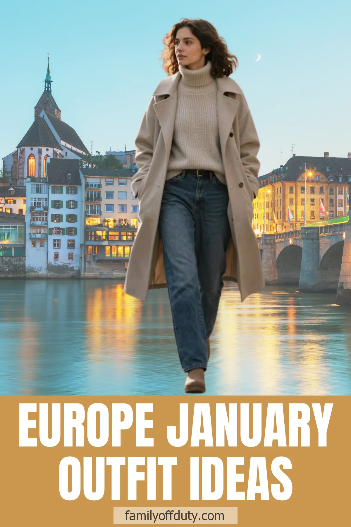 Woman in cozy sweater and coat with European city backdrop, perfect for January fashion inspiration.