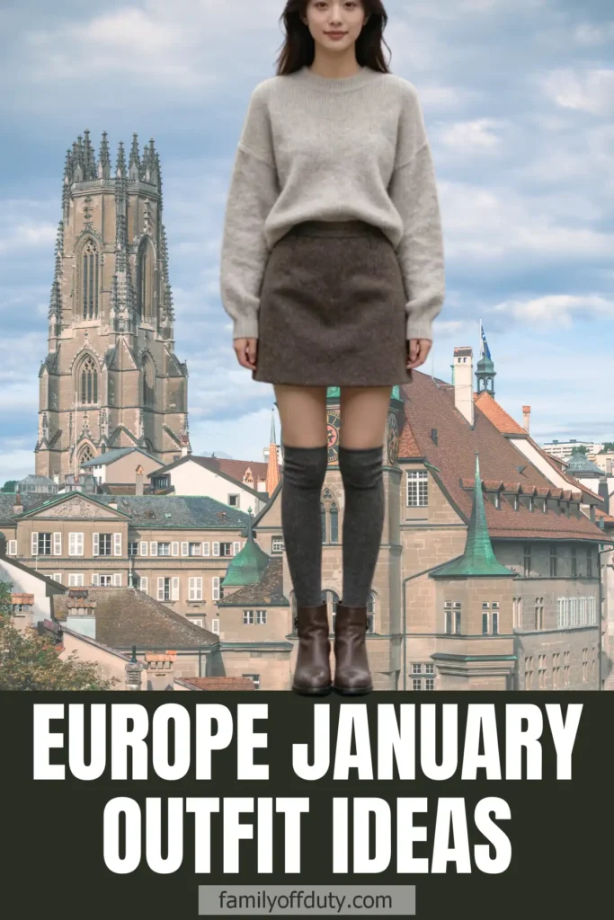 Woman in winter outfit with European cityscape background, text reads Europe January Outfit Ideas.
