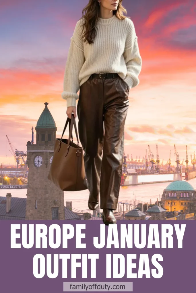 Woman in stylish sweater and pants, holding a bag, with cityscape and sunset. Europe January outfit inspiration.