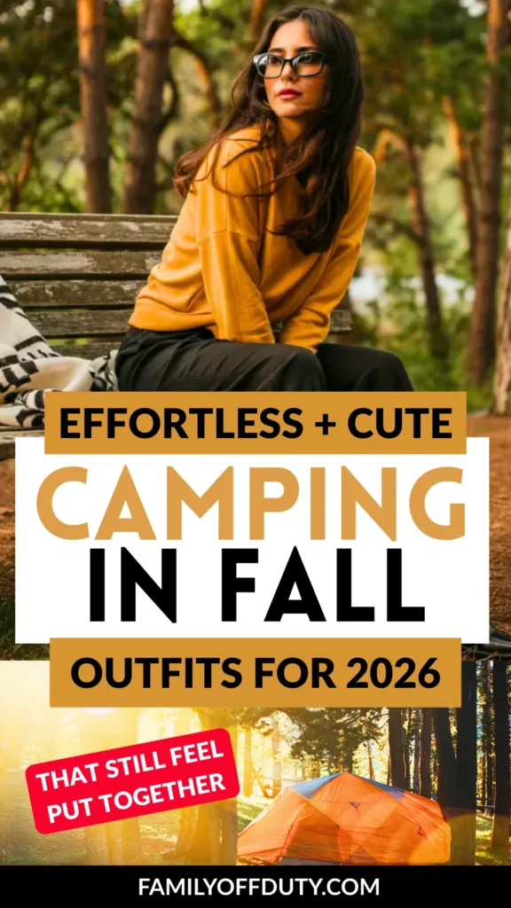 Woman in a cozy sweater poses in the woods, showcasing stylish fall camping outfits for 2026.