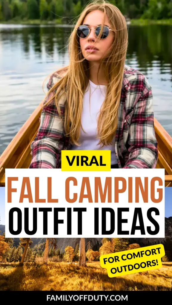 Young woman in sunglasses, wearing a flannel shirt, enjoying fall camping by a scenic lake. Perfect outfit inspiration!