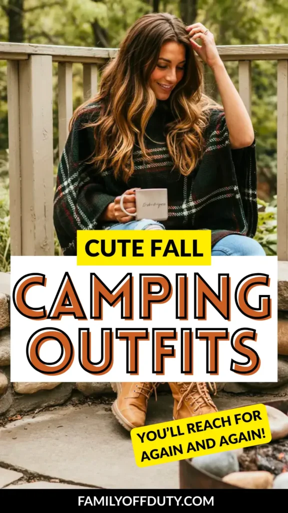 A woman in a cozy outfit enjoys coffee by a fire pit, showcasing cute fall camping outfit ideas.
