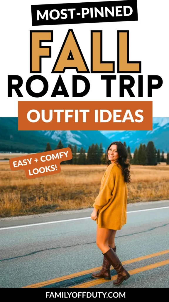 Alt text: Woman in cozy fall outfit on a scenic road, showcasing stylish road trip outfit ideas. Perfect for autumn adventures!