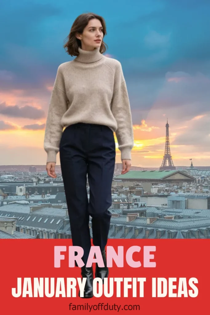 Woman in cozy winter outfit in Paris at sunset, suggesting January fashion ideas.