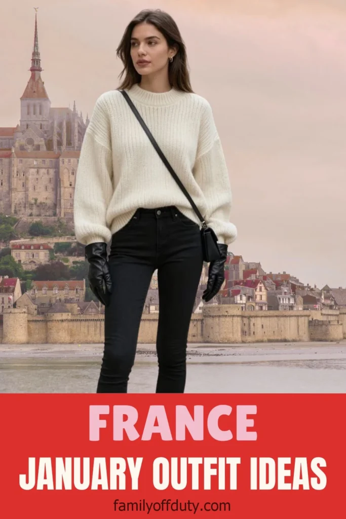 Woman in cozy winter outfit explores a charming French town, showcasing stylish January fashion ideas.