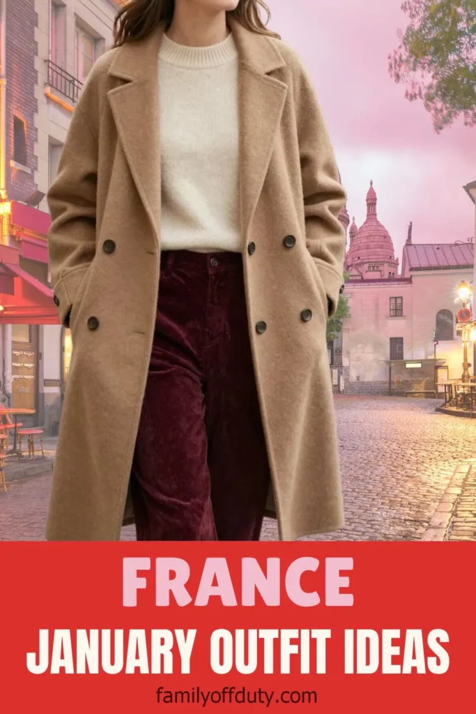 Fashionable woman in a beige coat and red pants, exploring France in January. Winter outfit ideas from familyoffduty.com.