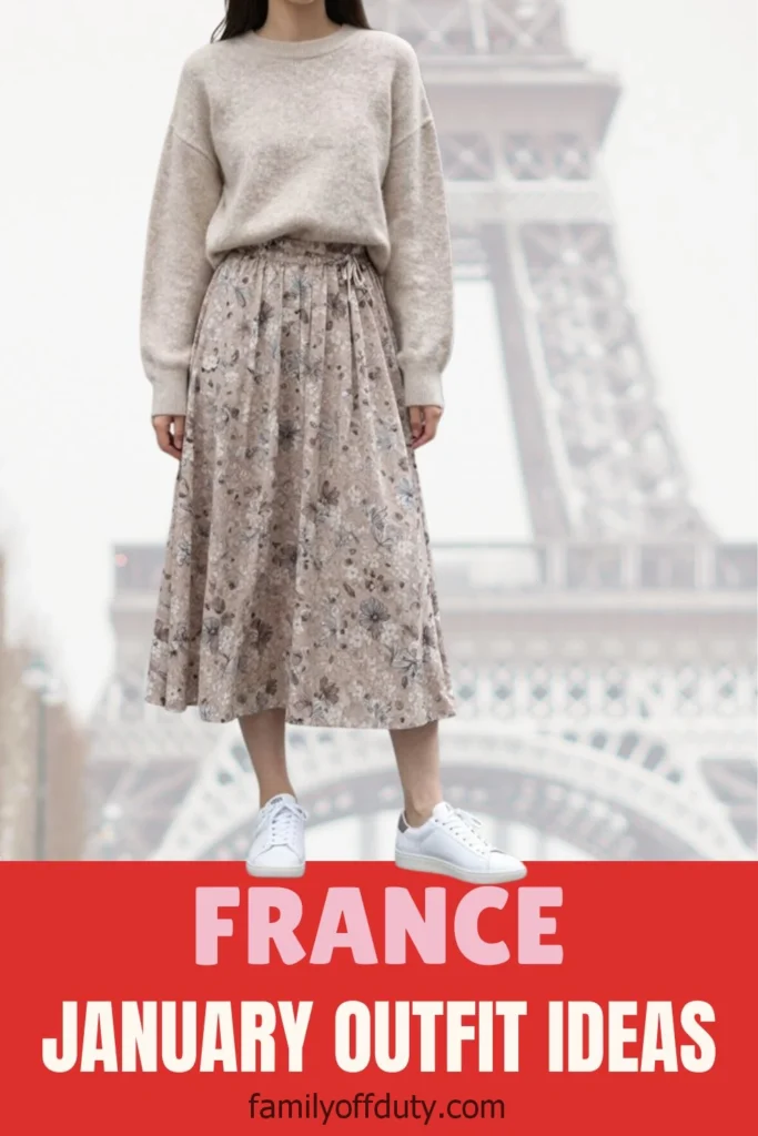 Woman in chic winter outfit by Eiffel Tower, showcasing January fashion ideas in France.