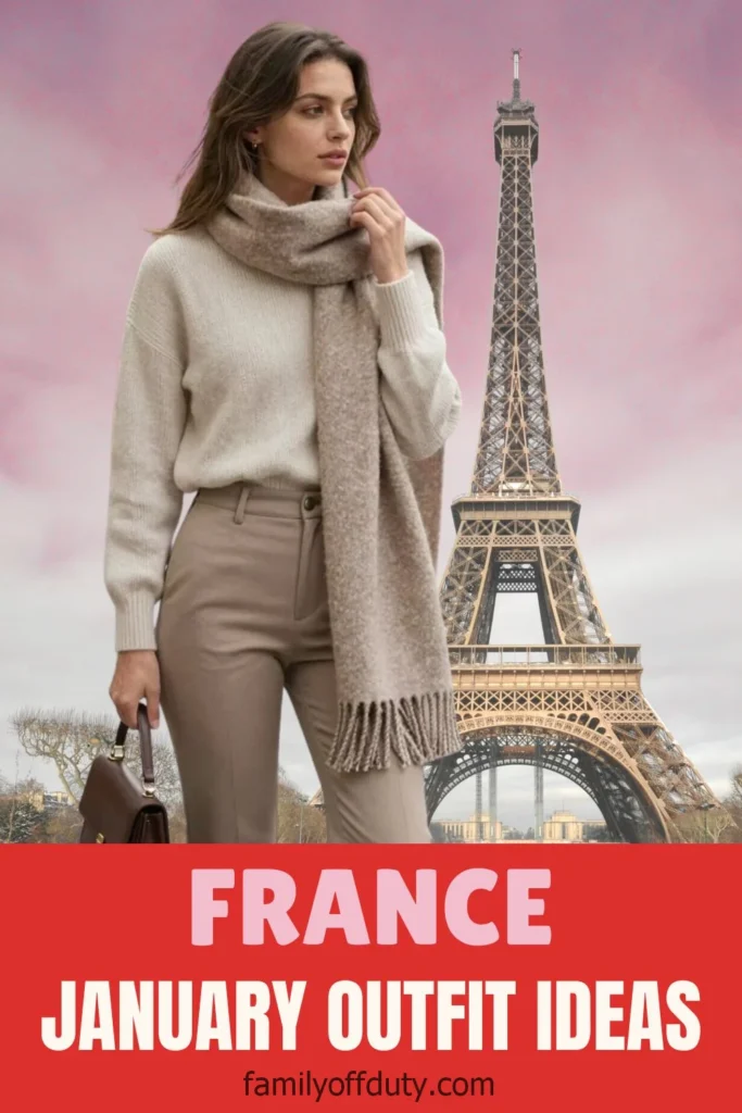 Woman in chic winter outfit with Eiffel Tower backdrop, promoting January fashion in France.