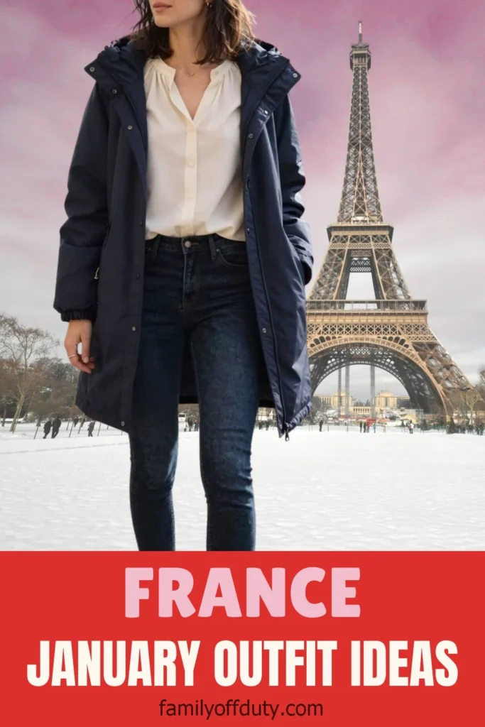 Woman in winter outfit in front of Eiffel Tower, France. Ideal January fashion inspiration.