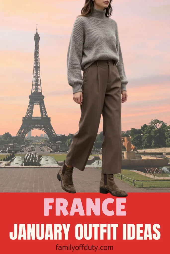 Woman in winter outfit by Eiffel Tower, France, showcasing January fashion ideas.