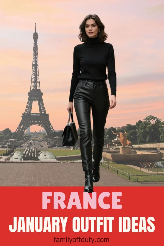 Woman in stylish black outfit in front of Eiffel Tower, France. January fashion inspiration.