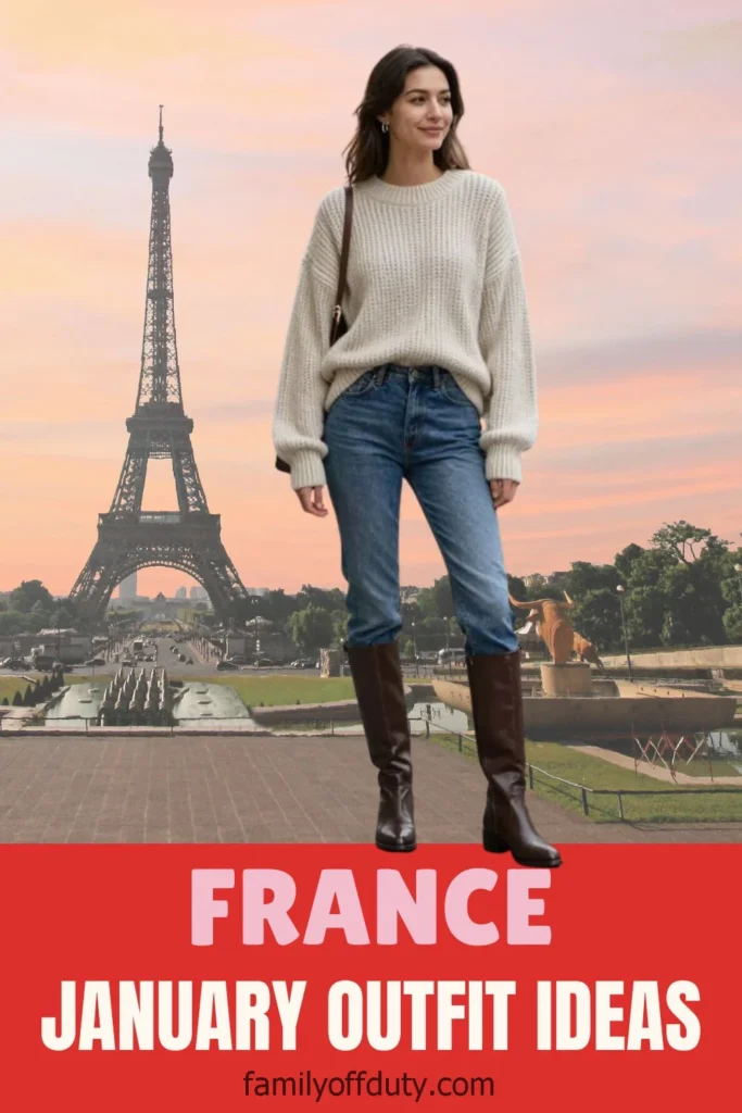 Woman in stylish winter outfit near Eiffel Tower, promoting January fashion ideas in France.