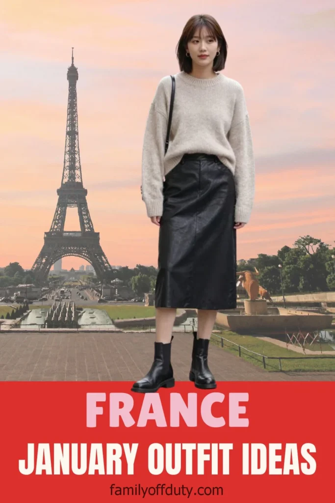 Woman in stylish winter outfit near Eiffel Tower, showcasing France January fashion ideas.