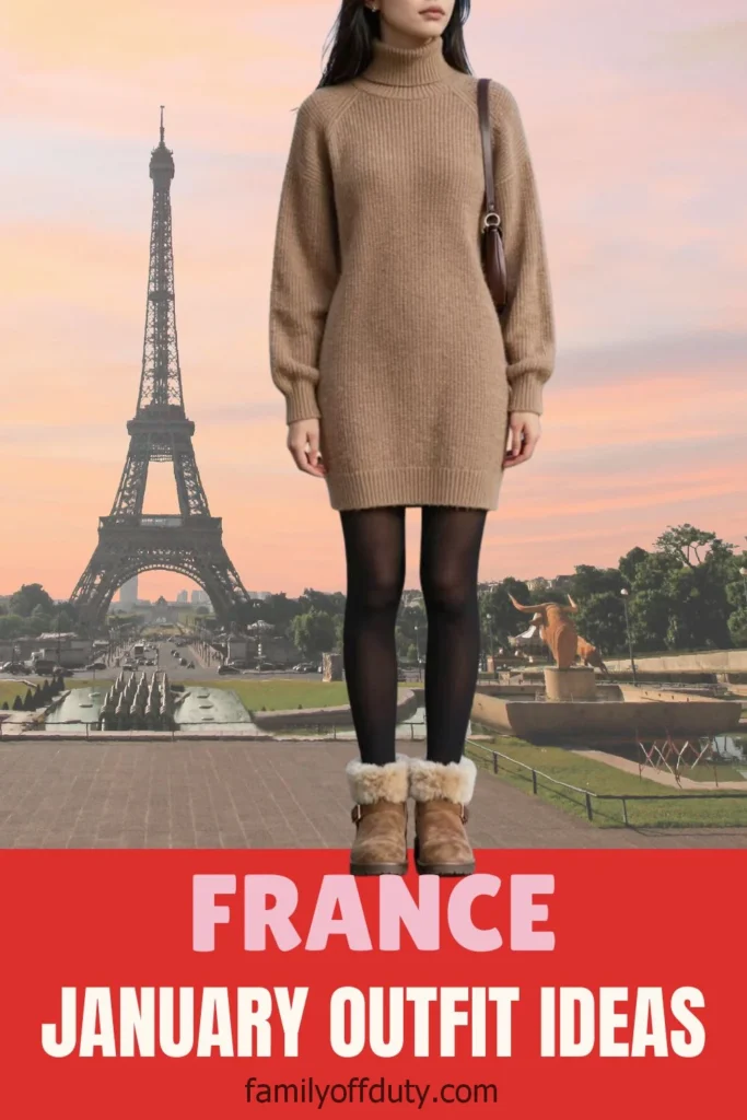 Woman in winter outfit near Eiffel Tower in Paris with January fashion ideas text.