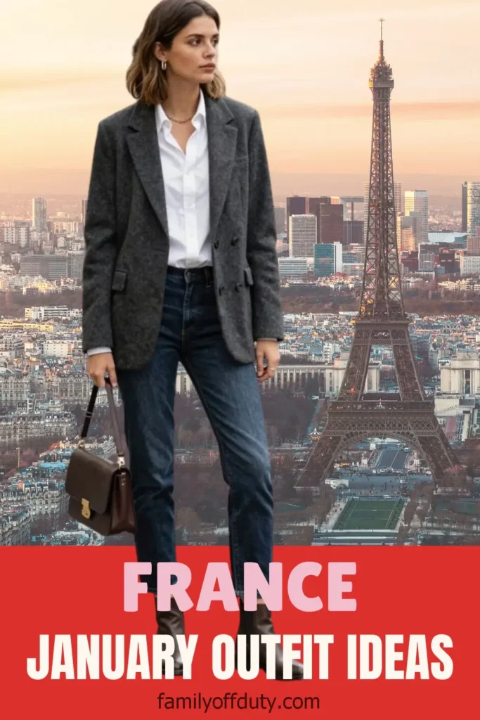 Woman in stylish winter outfit with Eiffel Tower background, promoting January fashion ideas in France.