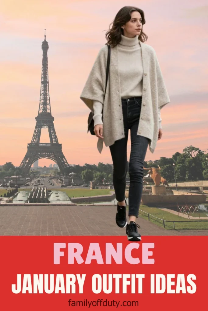 Woman in winter outfit near Eiffel Tower, France. Text: France January Outfit Ideas.