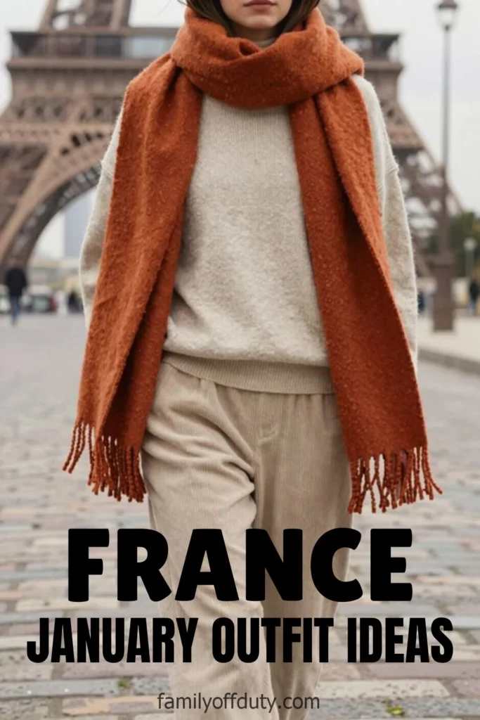 Woman in cozy January outfit with scarf in front of Eiffel Tower, France. Winter fashion inspiration.