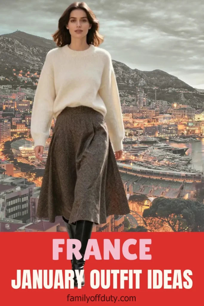 Woman in stylish winter outfit in front of a French cityscape, promoting January fashion ideas.