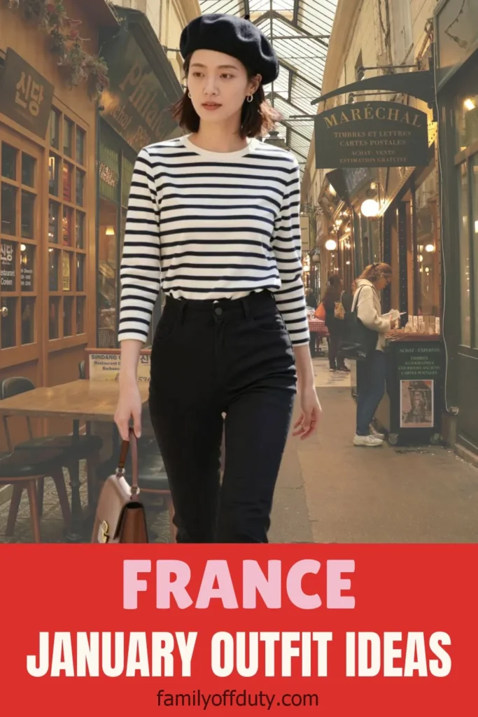 Woman in French-inspired outfit with beret and striped shirt, walking in a chic Parisian passage.