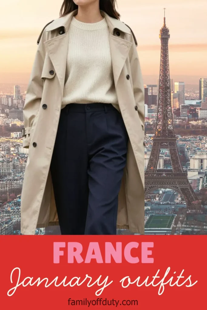 Chic winter outfit in Paris with beige trench coat, sweater, and pants near Eiffel Tower. January fashion.