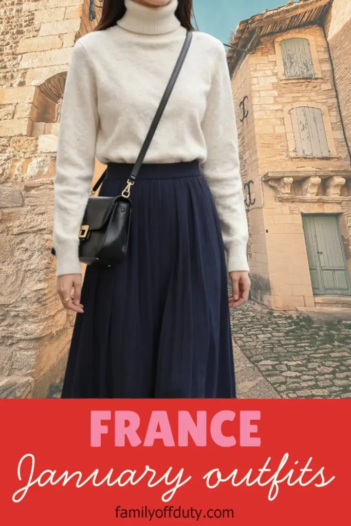 Woman in cozy winter outfit with sweater and skirt, posing in France's charming streets. January fashion inspiration.