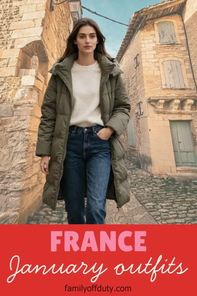 Woman in winter outfit walking in front of rustic French buildings, text reads France January outfits.
