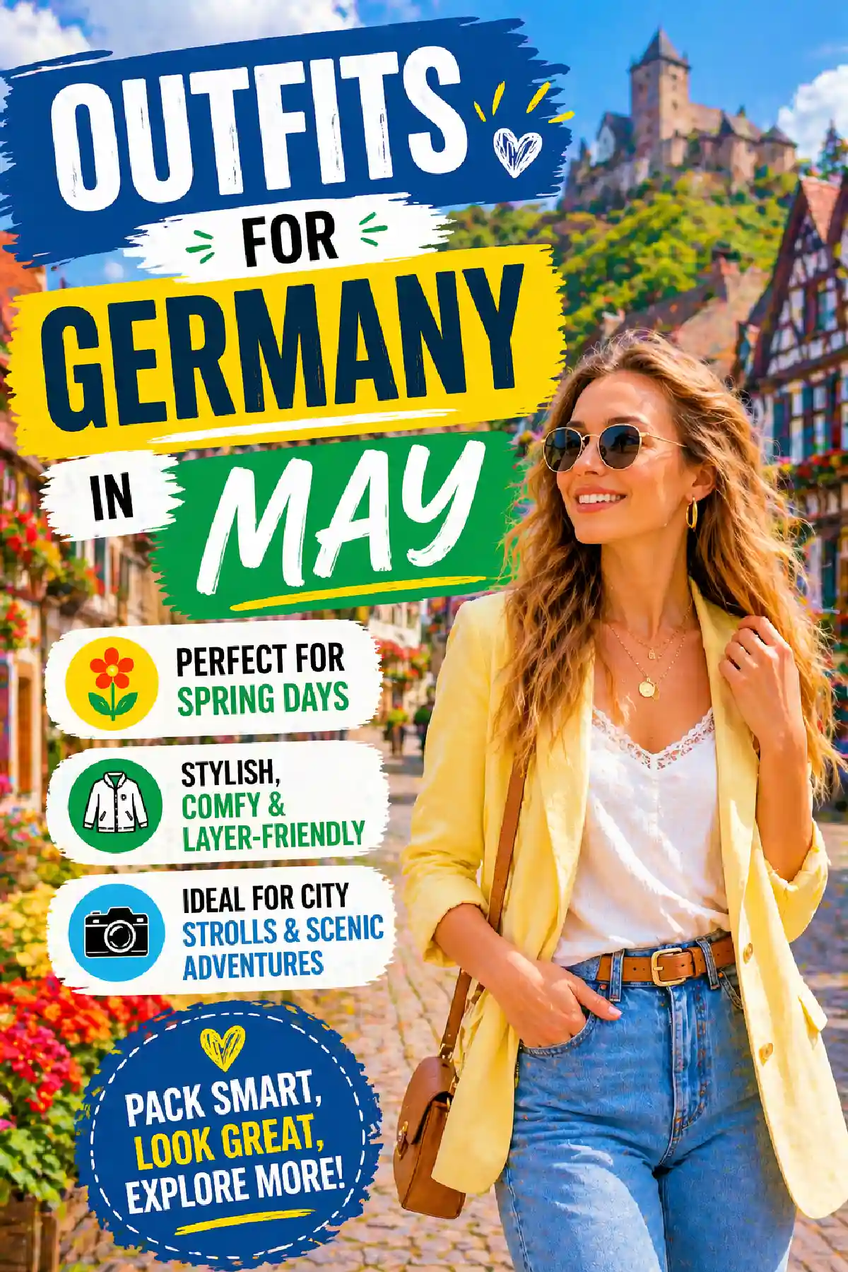 Stylish spring outfits for Germany in May, perfect for city strolls and adventures. Pack smart and look great!