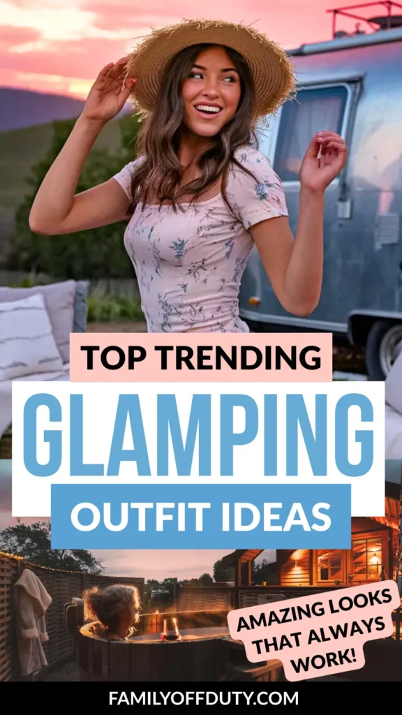 Young woman in a stylish outfit and straw hat enjoying a beautiful sunset, showcasing trendy glamping outfit ideas.