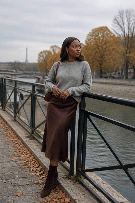gray sweater brown skirt