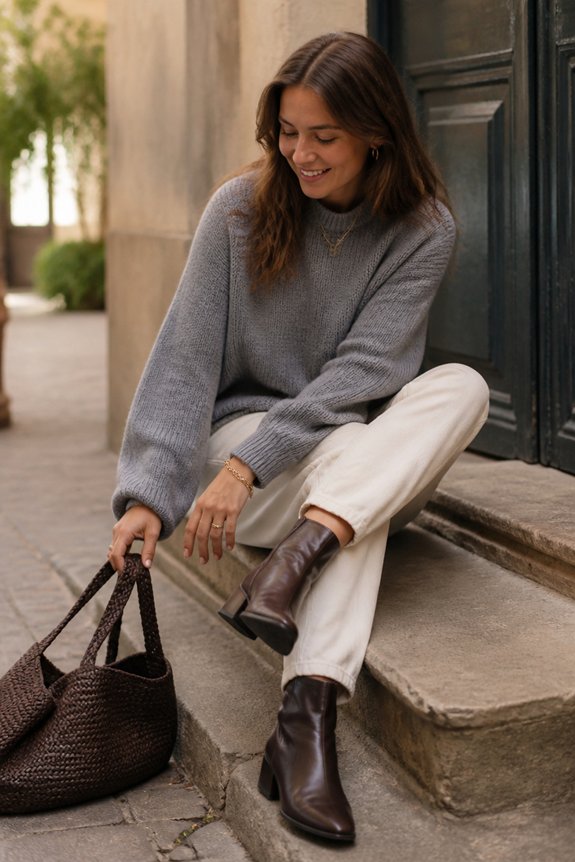 gray sweater ecru jeans