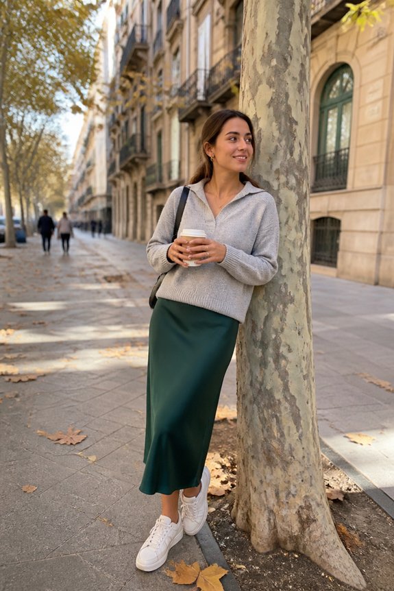 gray sweater green skirt