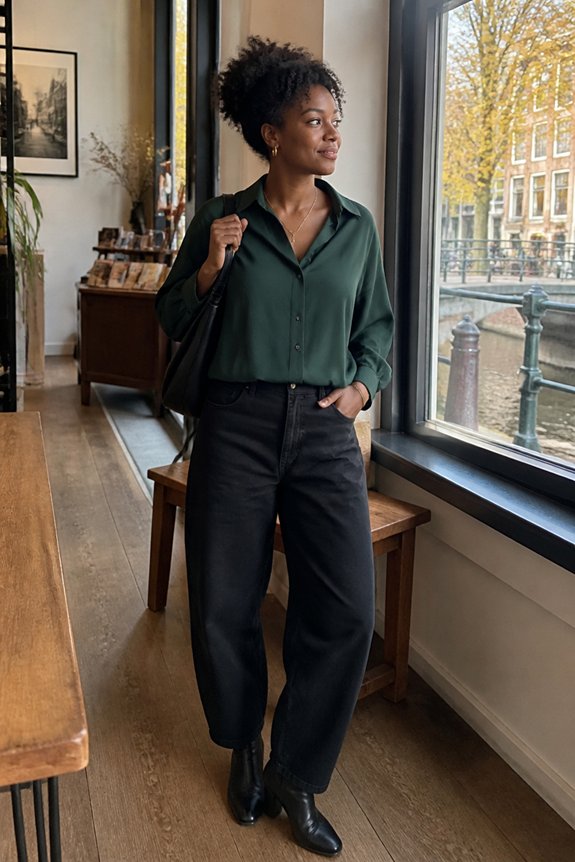 green blouse black jeans