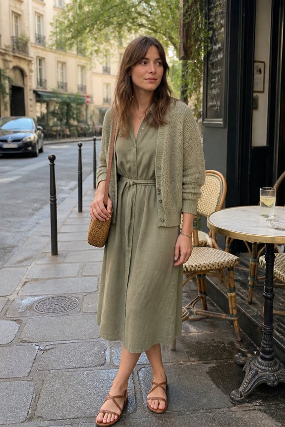green dress knit cardigan woven bag