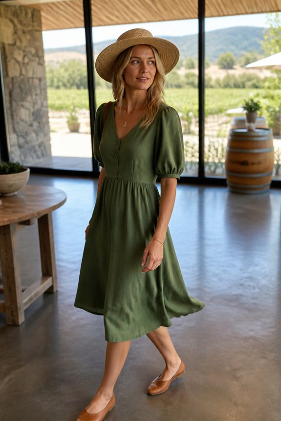 green dress straw hat flats