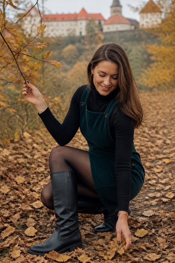 green dress turtleneck boots