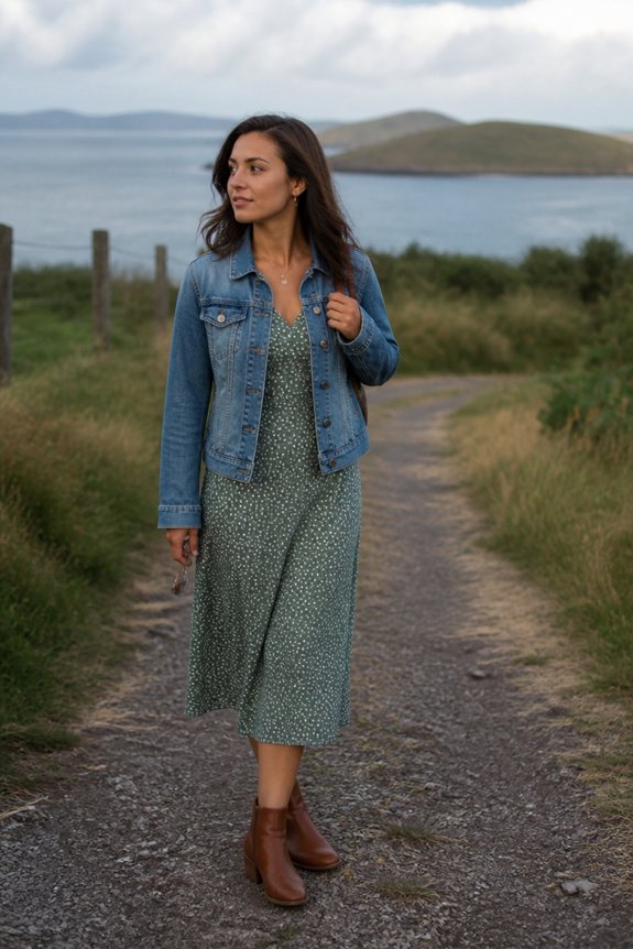 green dress with denim jacket