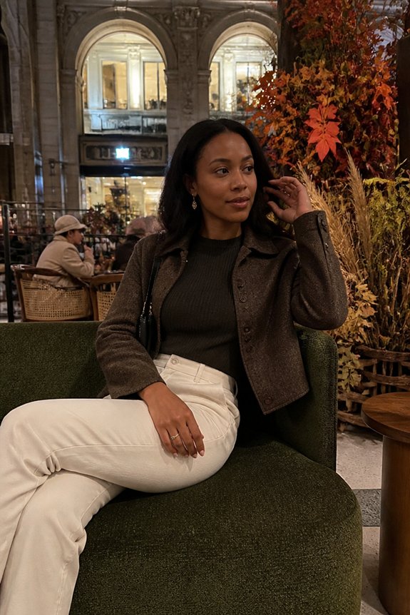 green sweater beige pants
