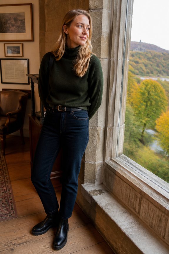green turtleneck rugged boots