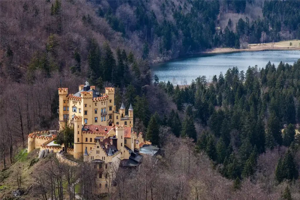 Majestic castle nestled in a forested landscape near a serene lake, showcasing stunning architecture and nature.