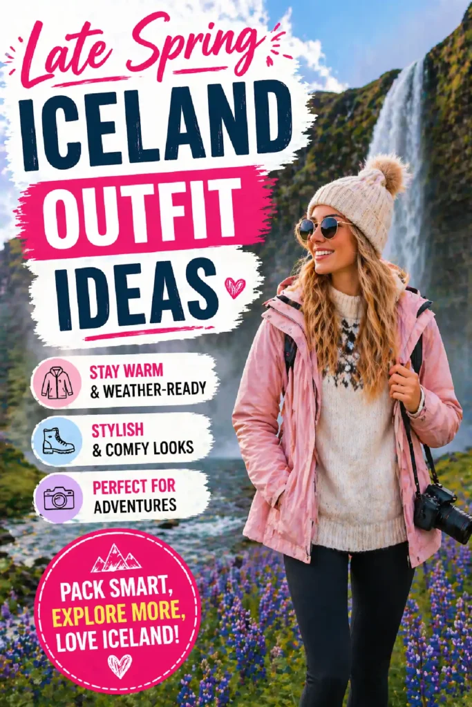Late spring outfit ideas for Iceland featuring stylish, warm clothing and a scenic waterfall backdrop.