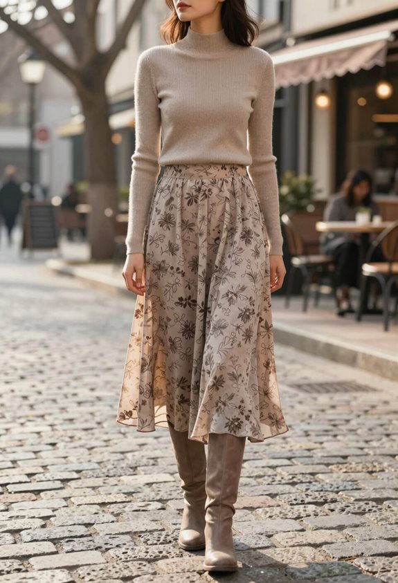 Woman in floral skirt and boots walking on a cobblestone street, urban chic fashion style.