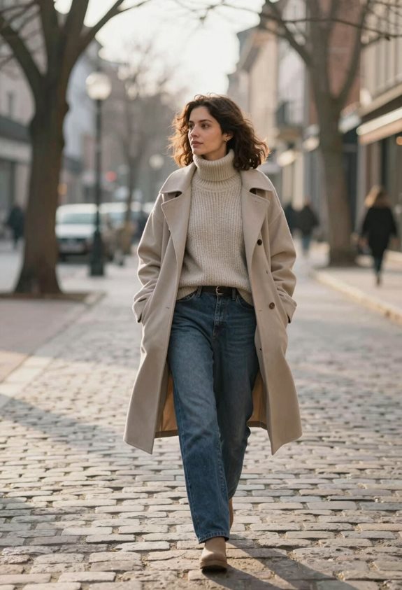 Woman in white sweater and floral skirt walking confidently on a city street.