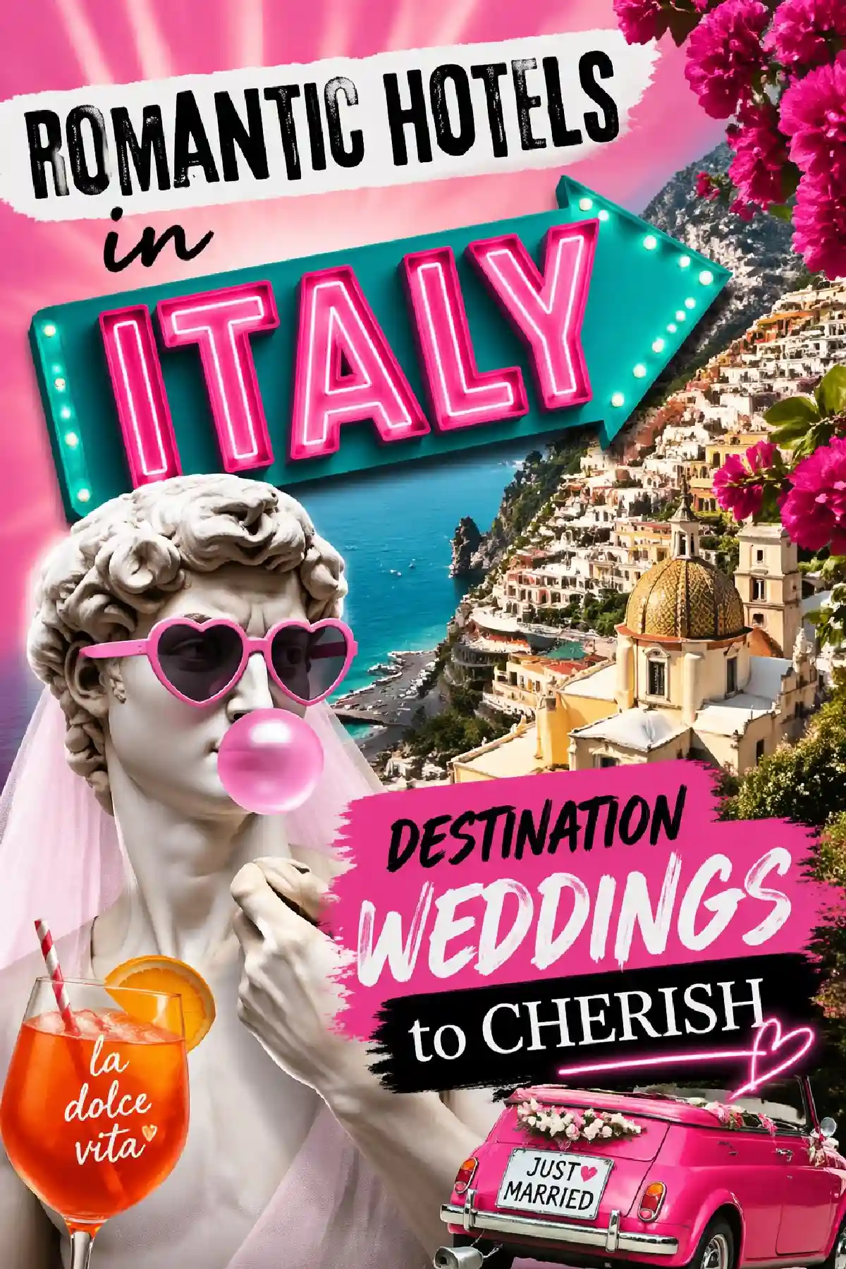 Colorful graphic promoting romantic hotels and destination weddings in Italy, featuring a statue, flowers, and a vintage car.