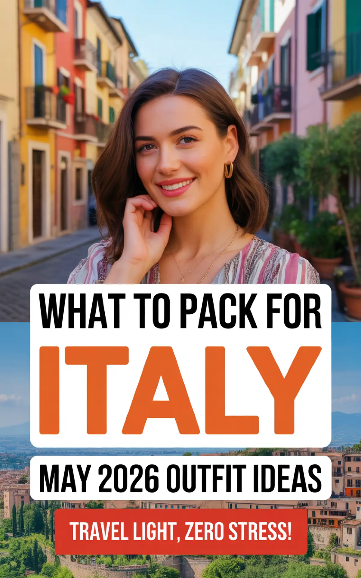 Cheerful woman in a picturesque Italian street, promoting stylish packing tips for Italy in May 2026. Travel light!