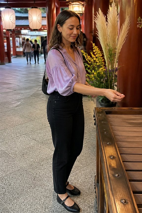 lavender blouse black jeans