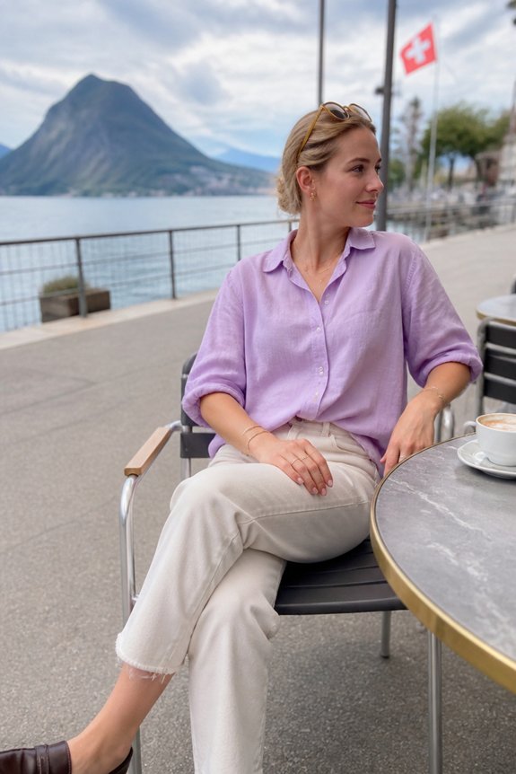 lavender blouse cropped jeans